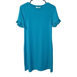 Michael Kors Mini Pencil Dress Size XS Teal Blue Ruffled Short Sleeve Logo